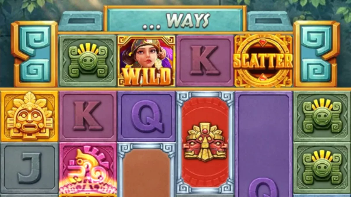 Interface do jogo Legacy of Aztec com símbolos de templos e artefatos
