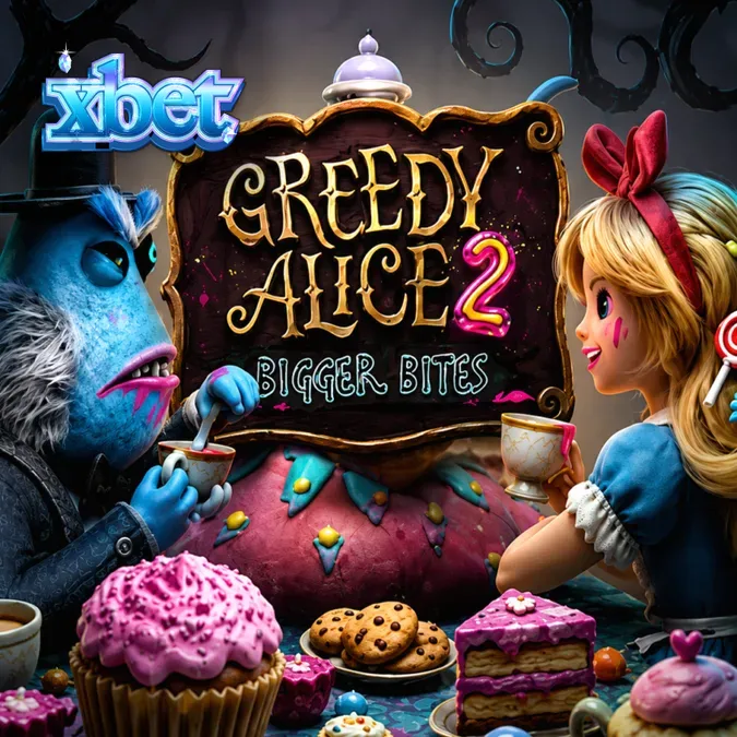 Interface do jogo Greedy Alice 2 Bigger Bites com elementos visuais temáticos